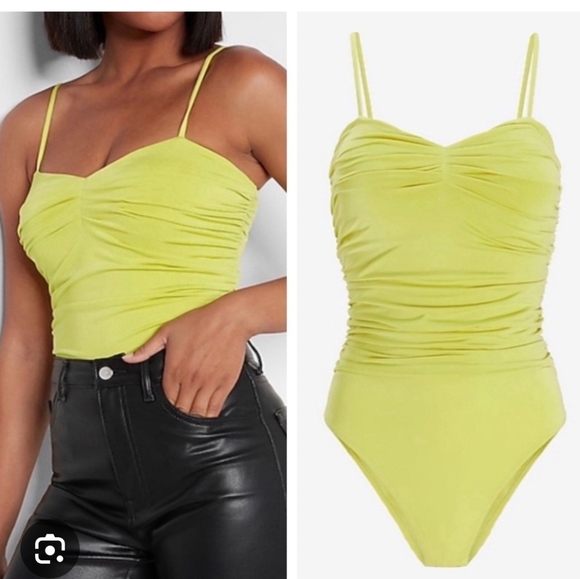 Express Tops - Express Light Yellow Body Contour Ruched Bodysuit Top Small